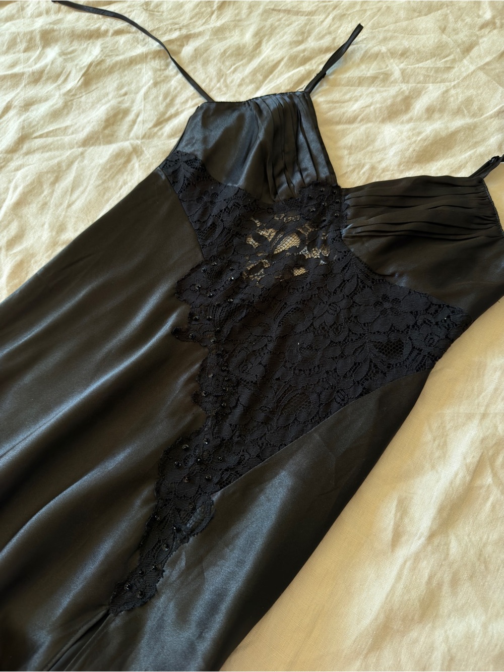 La vie en rose Lace-Accent Black Satin Slip Dress with Thigh Slit small - Picture 8 of 14